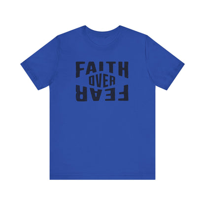 Blue t-shirt with 'FAITH OVER FEAR' text on a white background