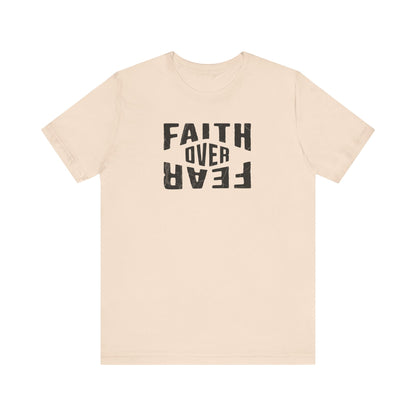 Beige t-shirt with 'Faith Over Fear' text on a white background