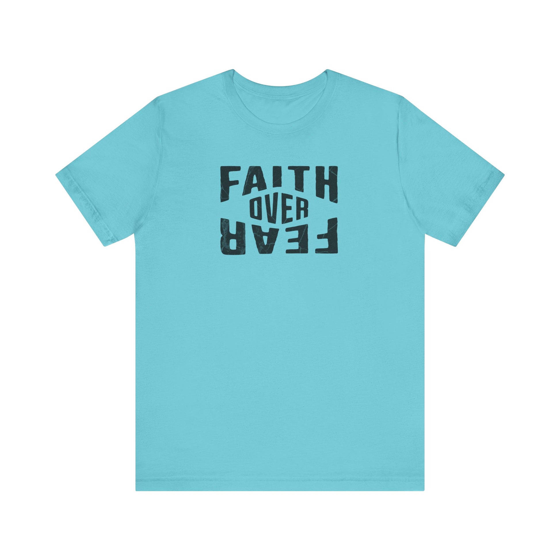 Light blue t-shirt with 'Faith Over Fear' text on a white background