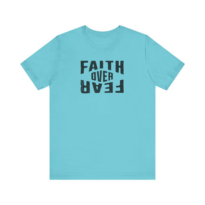 Light blue t-shirt with 'Faith Over Fear' text on a white background