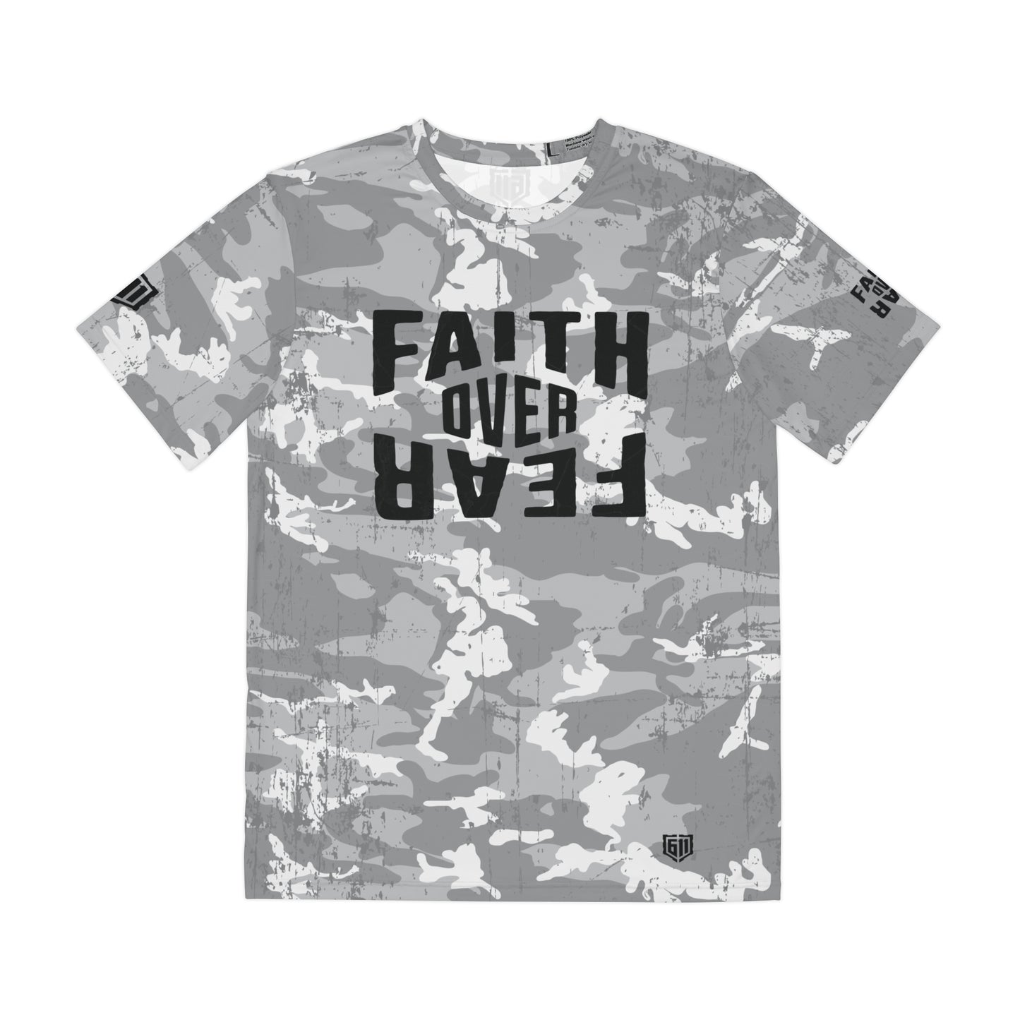 Gray camouflage t-shirt with 'Faith Over Fear' text on a white background