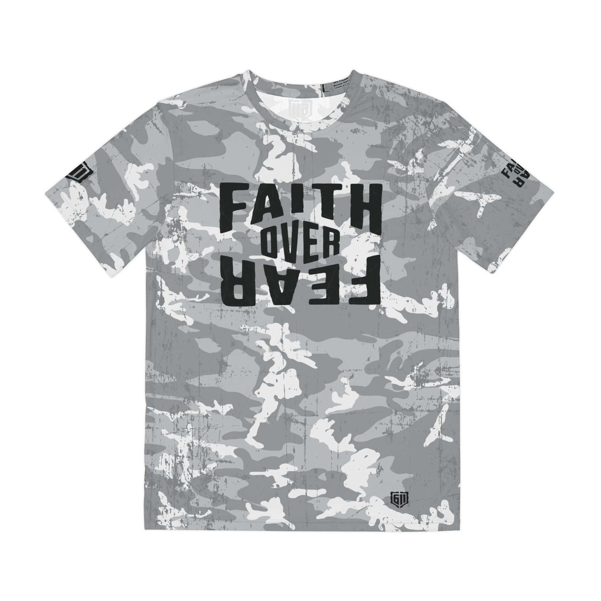 Gray camouflage t-shirt with 'Faith Over Fear' text on a white background