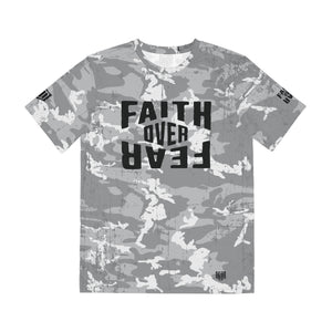 Faith Over Fear Athletic Edition performance shirt — all-over gray camo print