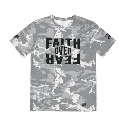 Gray camouflage t-shirt with 'Faith Over Fear' text on a white background