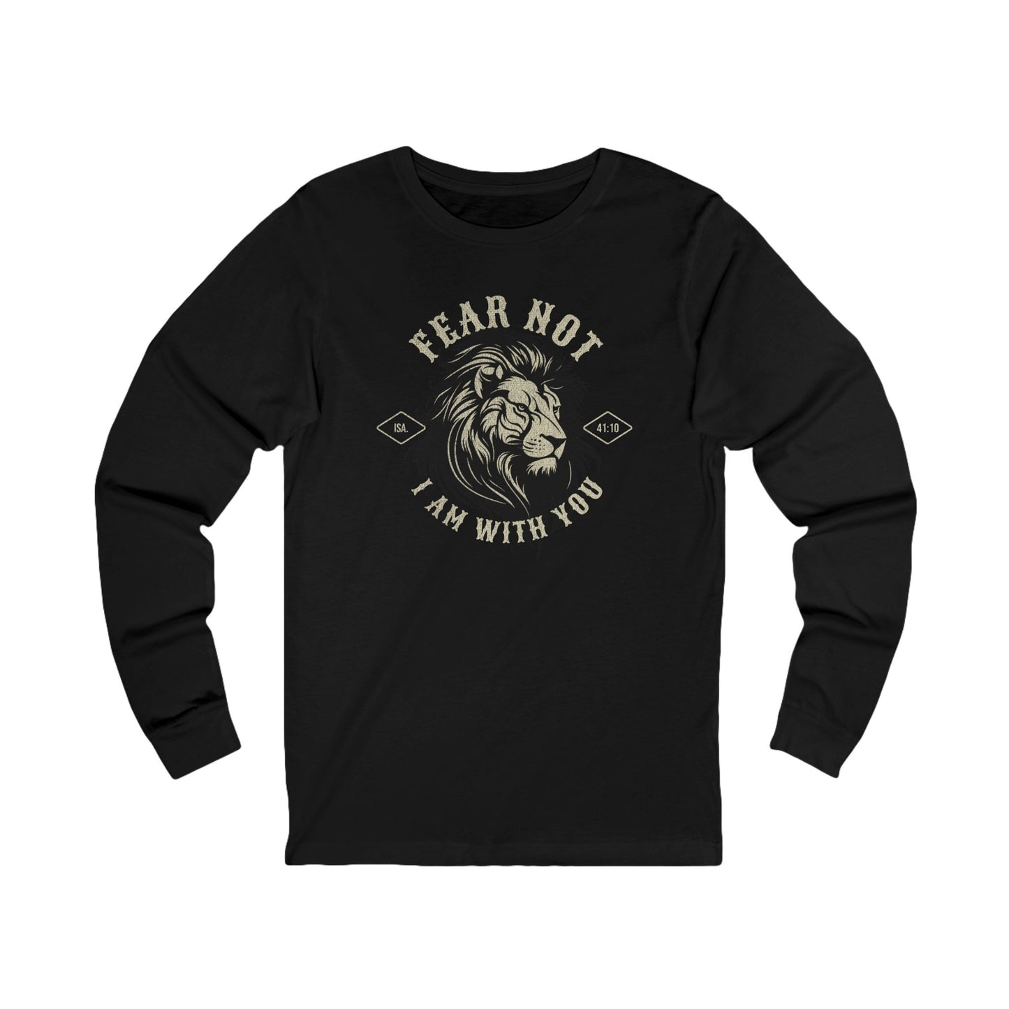 Black long-sleeve shirt with lion graphic and text on a white background