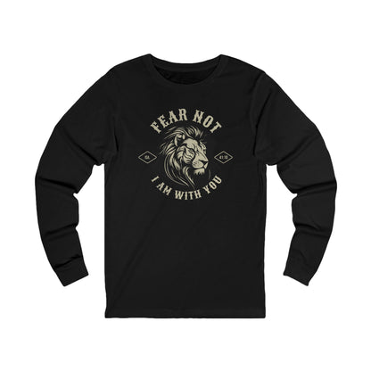 Black long-sleeve shirt with lion graphic and text on a white background