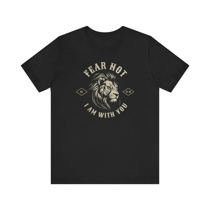 Black t-shirt with a lion graphic and text on a white background