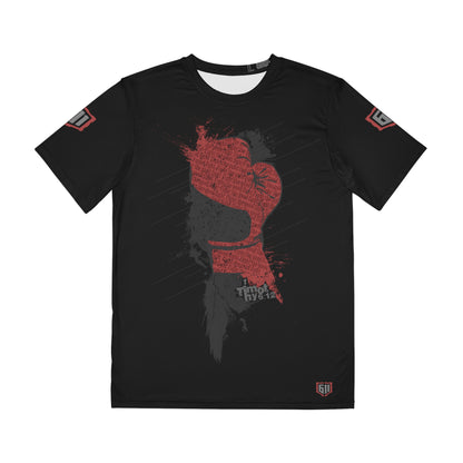 Black t-shirt with red graphic design on a white background