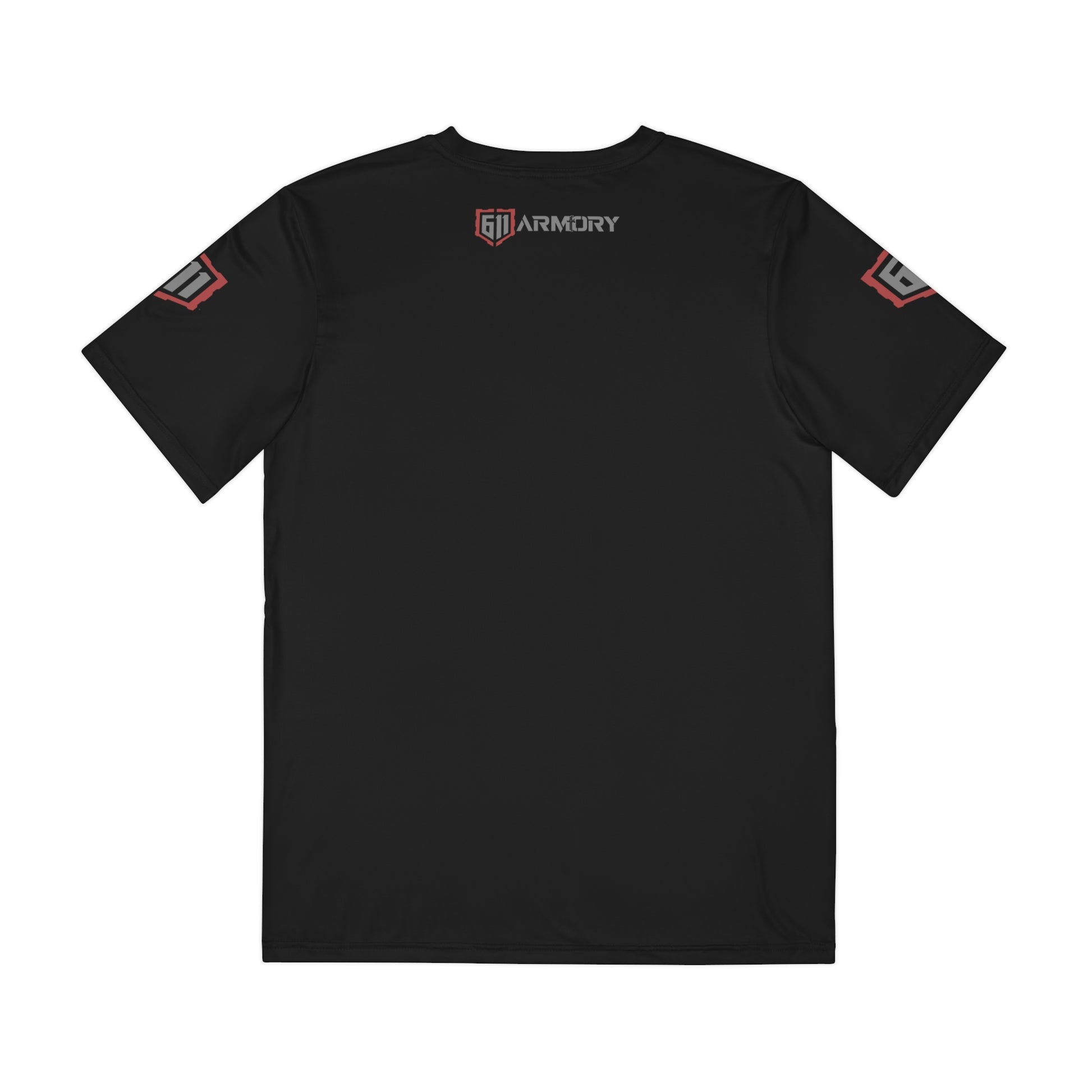 Black t-shirt with logos on sleeves against a white background