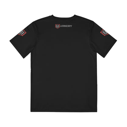 Black t-shirt with logos on sleeves against a white background