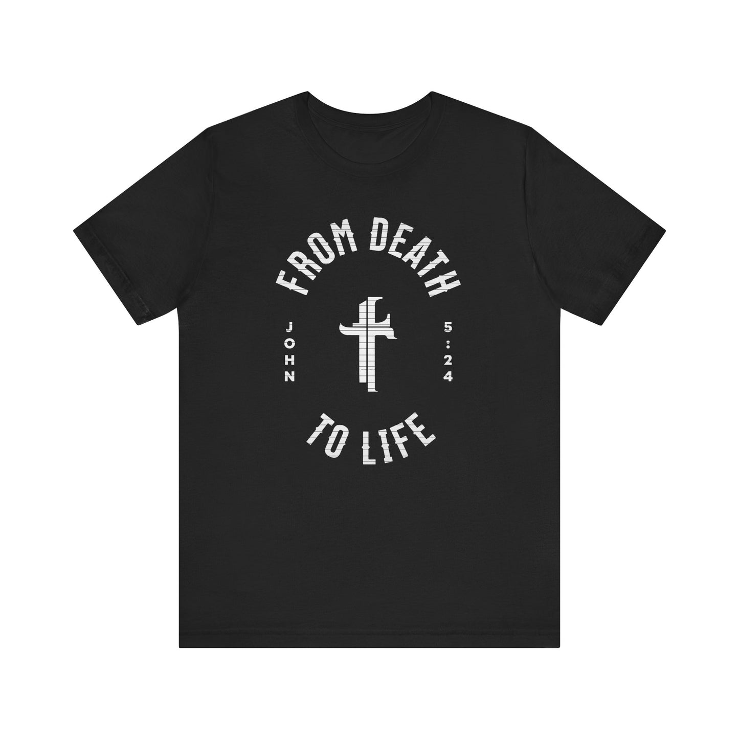 Black t-shirt with white text and cross design on a white background