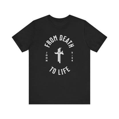 Black t-shirt with white text and cross design on a white background