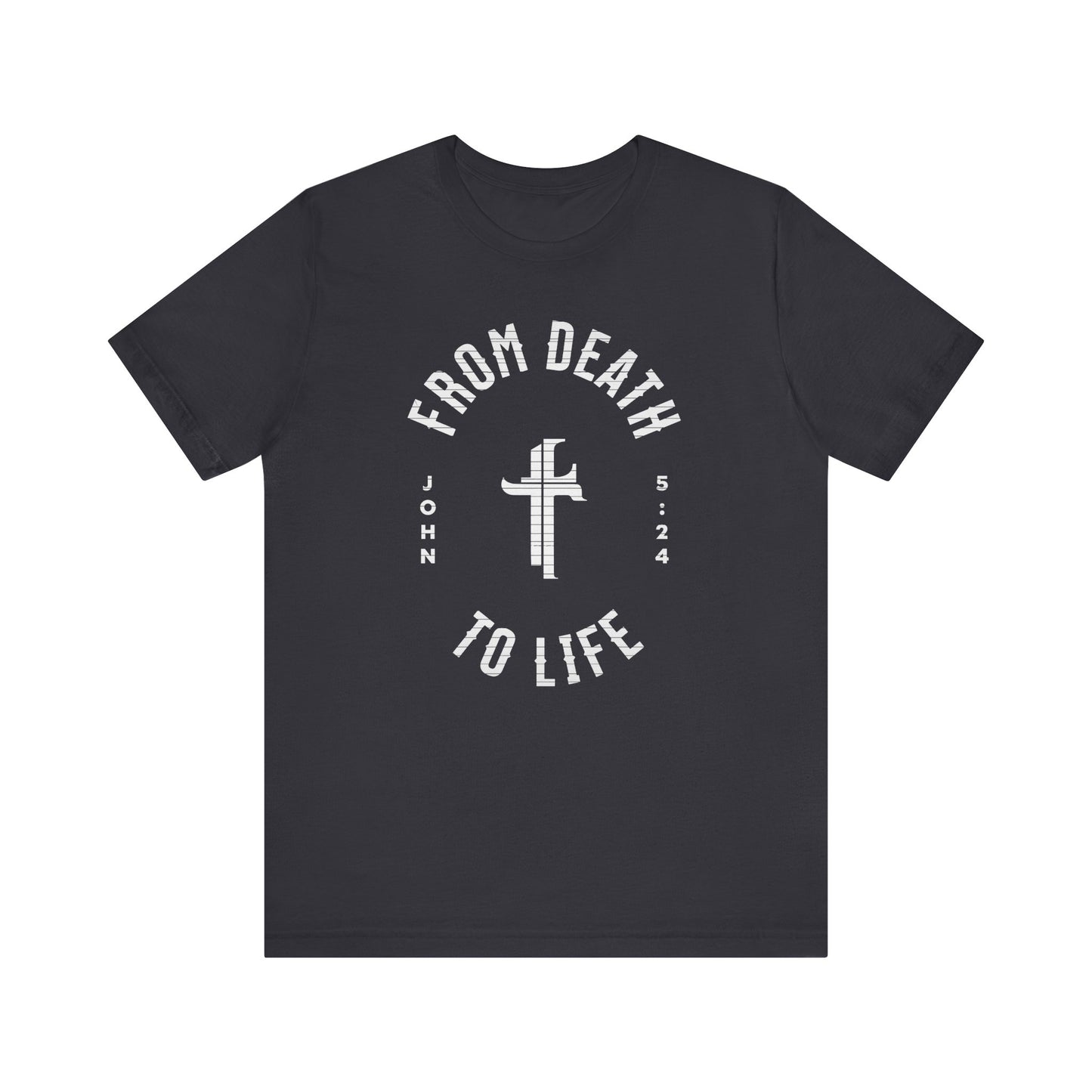 Black t-shirt with white text and cross design on a white background