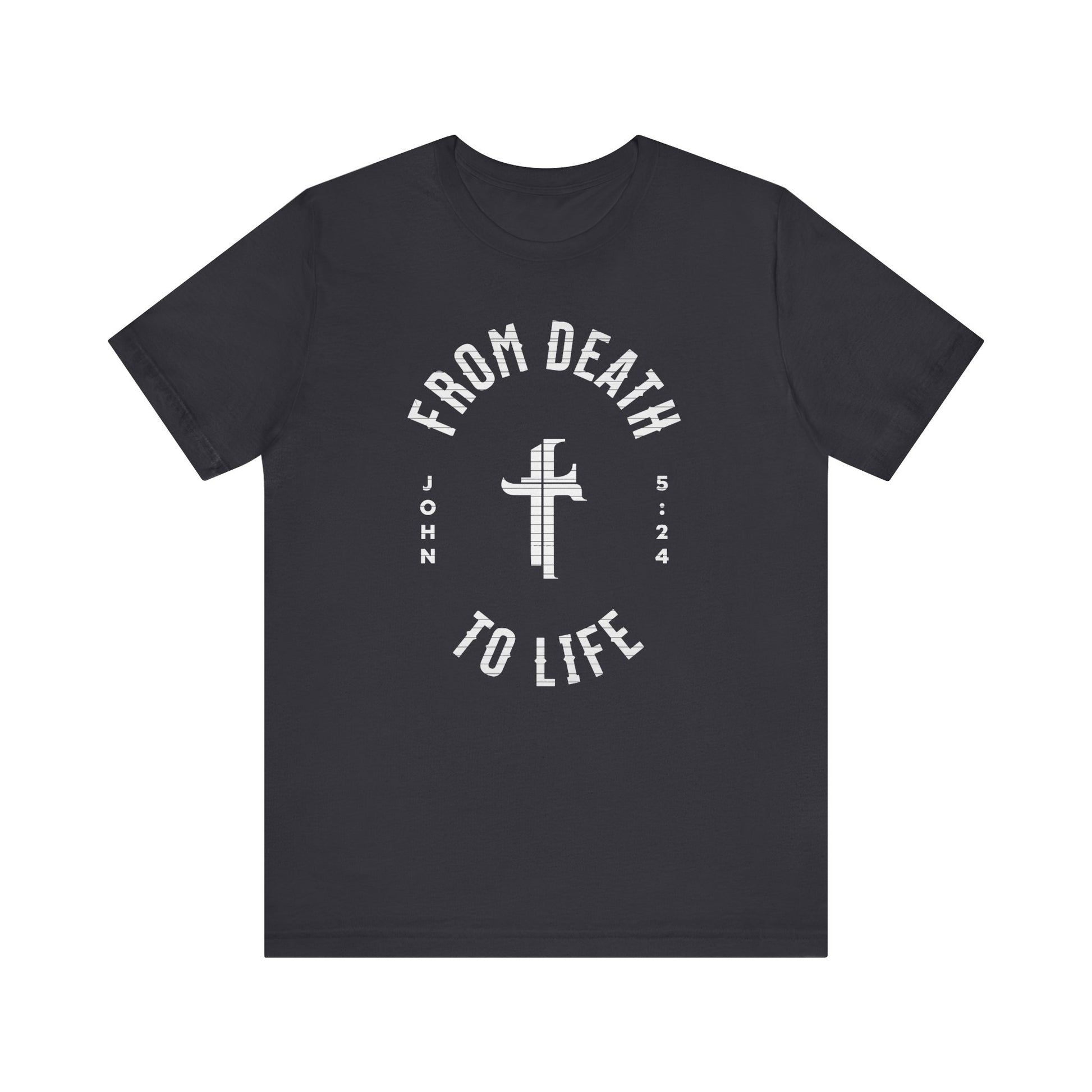 Black t-shirt with white text and cross design on a white background