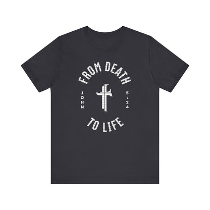 Black t-shirt with white text and cross design on a white background