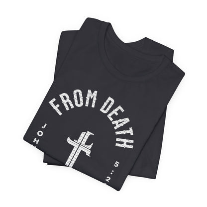 Black t-shirt with 'From Death' text and cross design on a white background