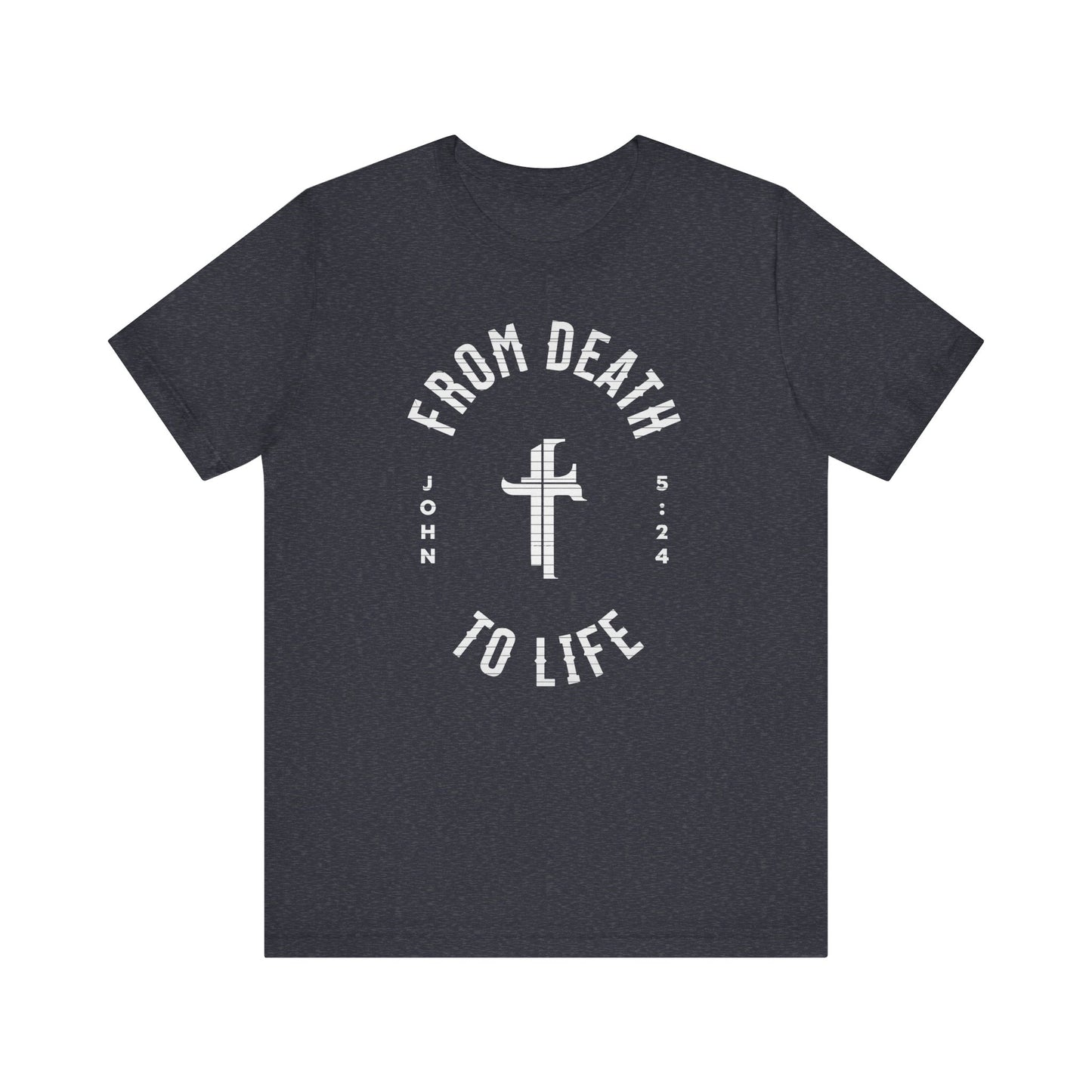Navy blue t-shirt with white text and cross design on a white background
