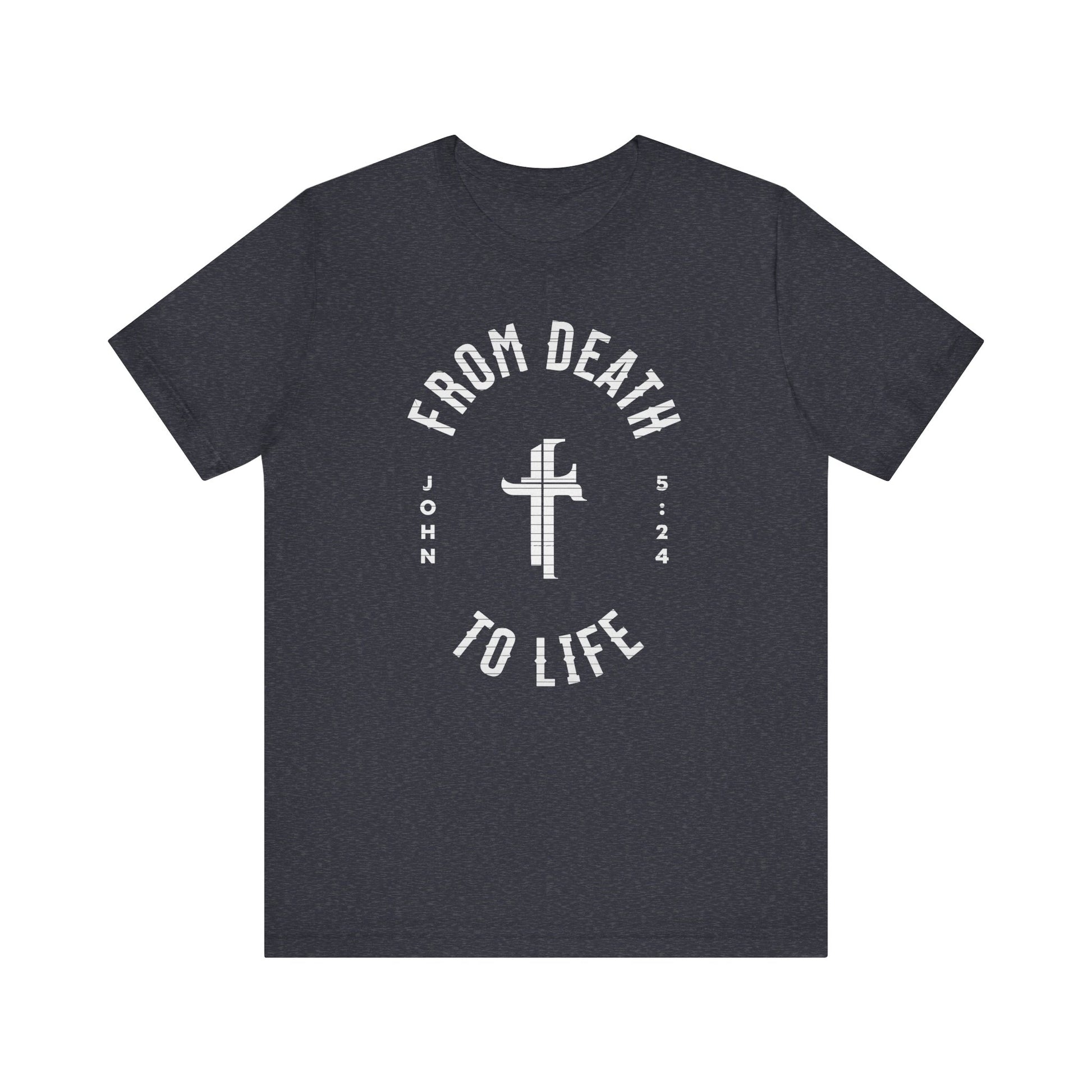Navy blue t-shirt with white text and cross design on a white background