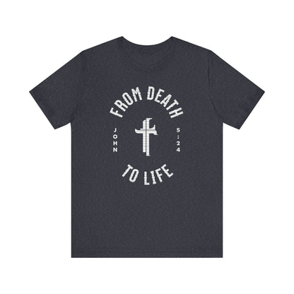 Navy blue t-shirt with white text and cross design on a white background