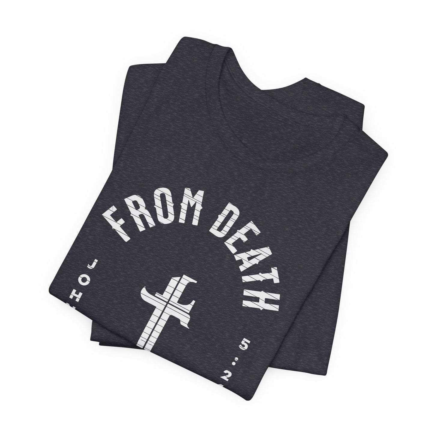 Stack of folded dark gray t-shirts with white text and logo on a white background