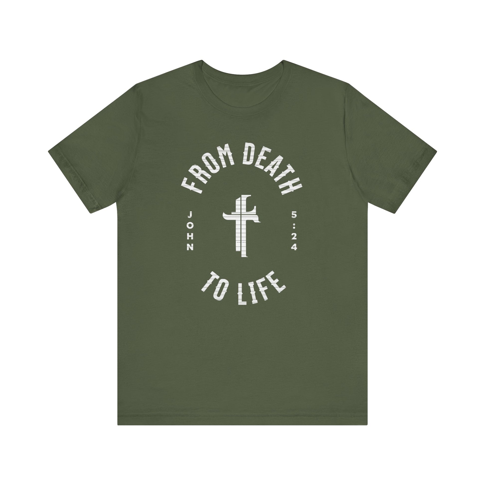 Green t-shirt with white text and cross design on a white background
