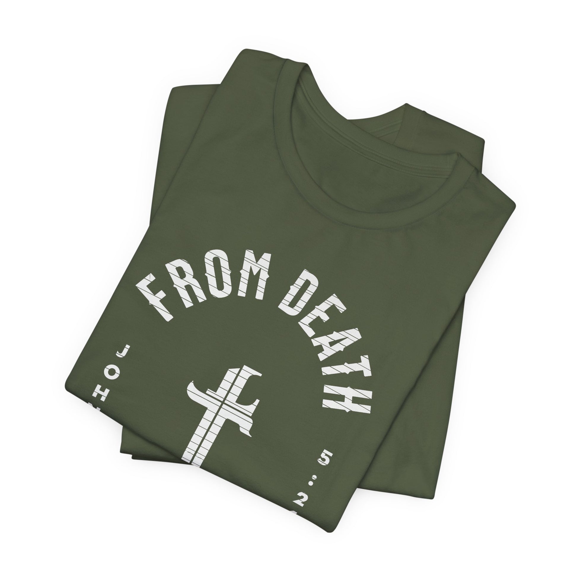 Folded green t-shirt with 'From Death' text and cross design on a white background