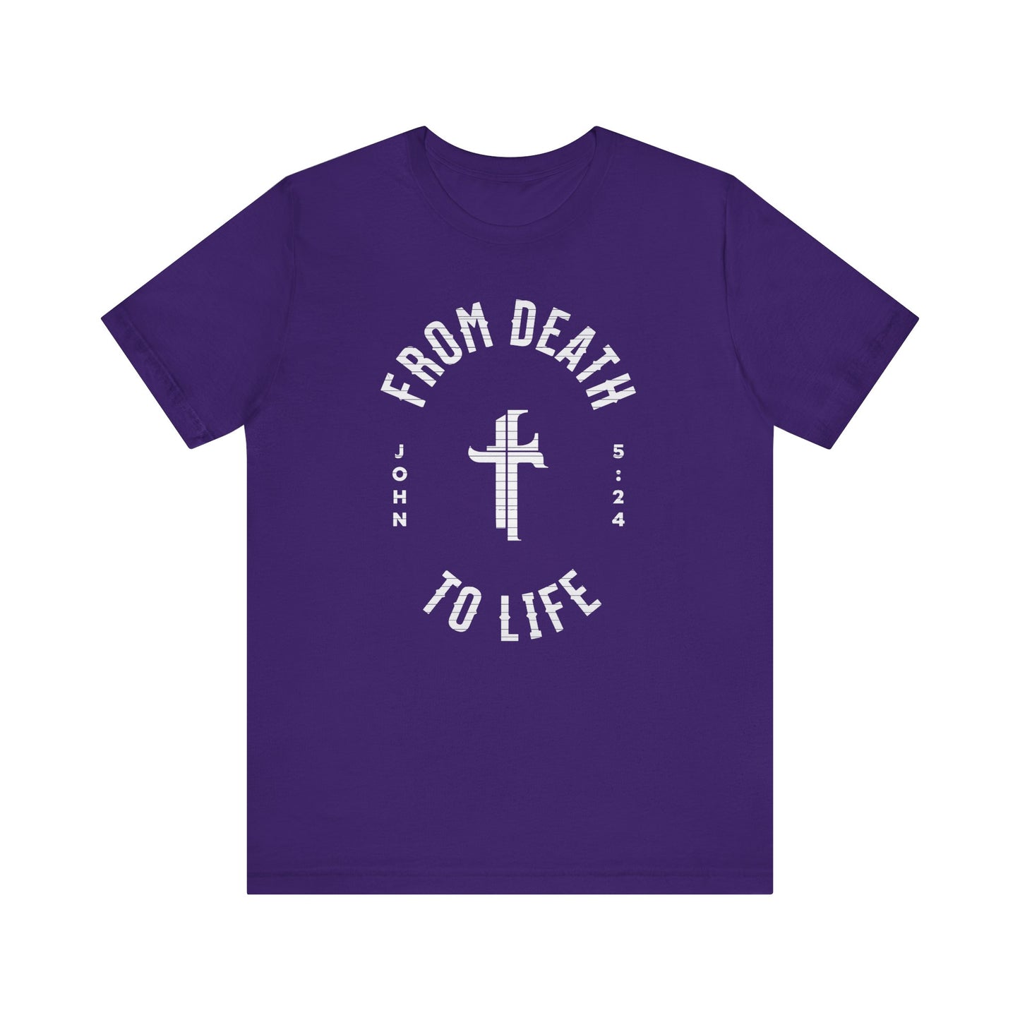 Purple t-shirt with white text and cross design on a white background