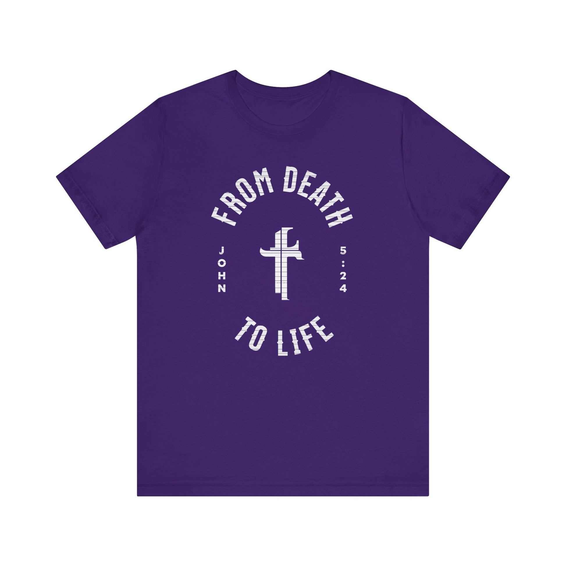 Purple t-shirt with white text and cross design on a white background