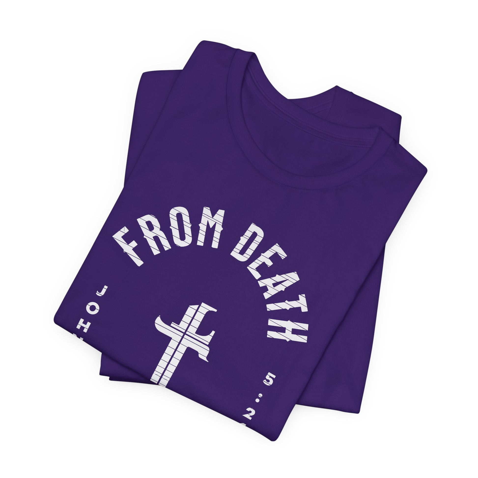 Purple t-shirt with white text and design on a white background