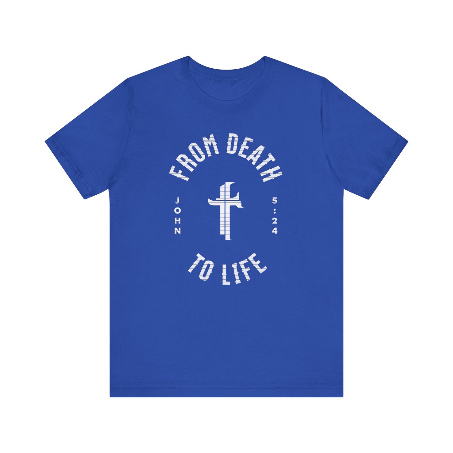 Blue t-shirt with white text and cross design on a white background