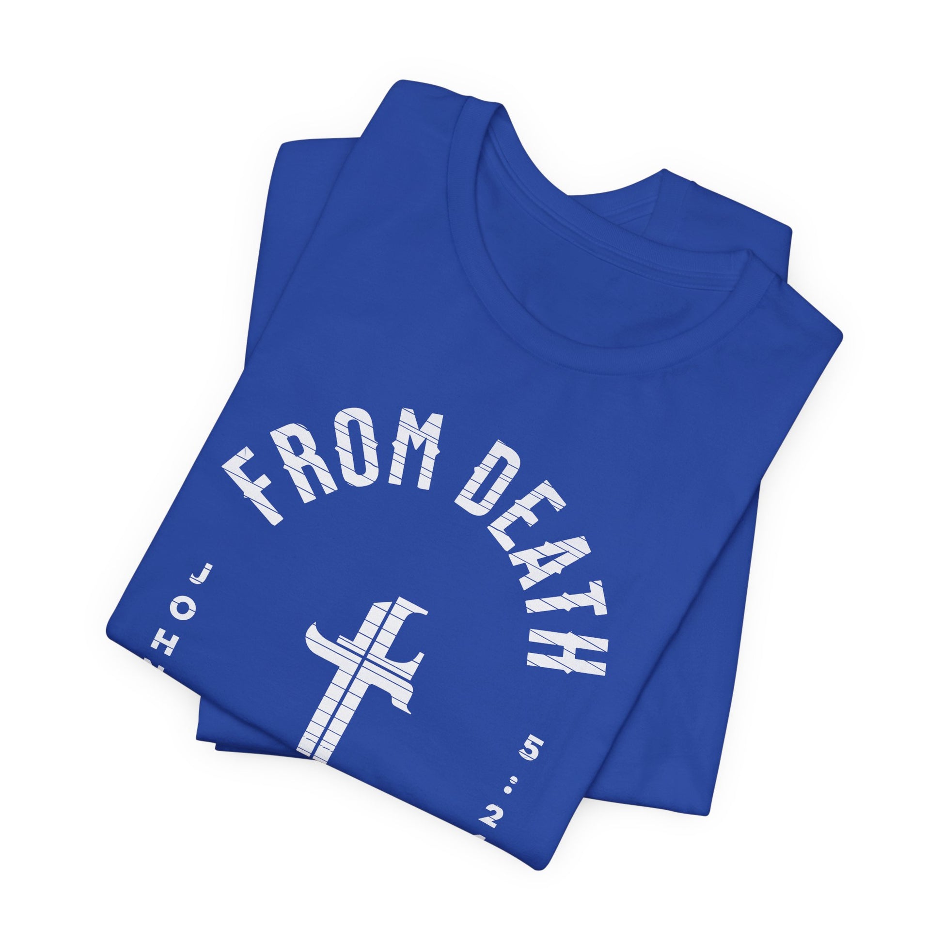 Blue t-shirt with white text and design on a white background
