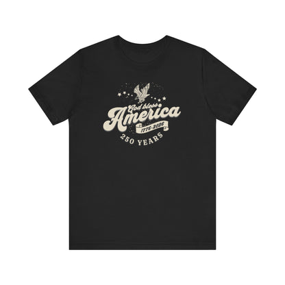 Black t-shirt with white graphic design on a white background