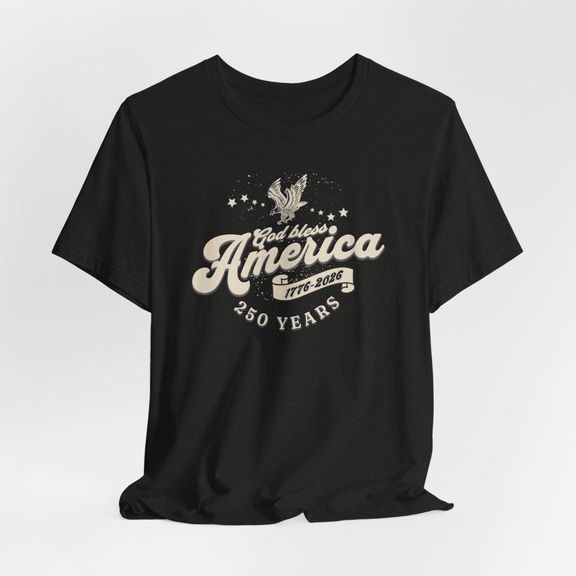 Black t-shirt with 'God bless America 1776-2026' text and eagle design on a white background