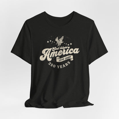 Black t-shirt with 'God bless America 1776-2026' text and eagle design on a white background
