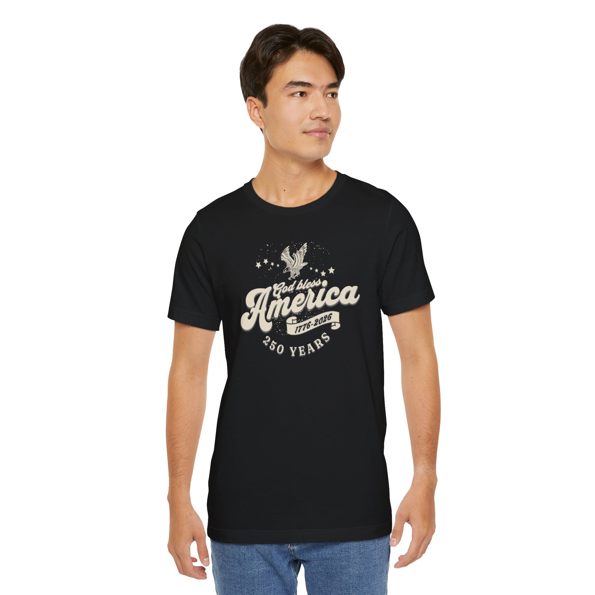 Man wearing a black t-shirt with white graphic design on a white background
