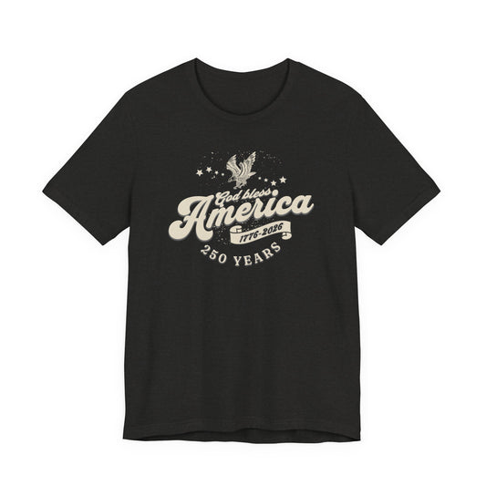 Black t-shirt with 'God bless America 1776-2026' text and eagle design on a white background