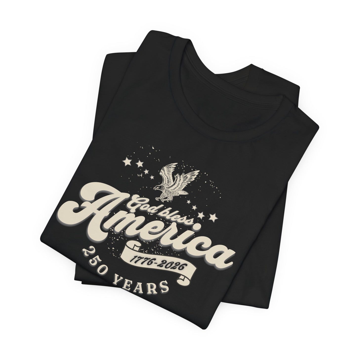 Black t-shirt with 'God Bless America 250 Years' design on a white background
