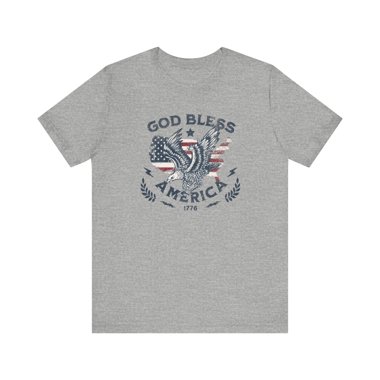 Gray t-shirt with 'God Bless America' graphic on a white background