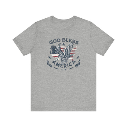 Gray t-shirt with 'God Bless America' graphic on a white background