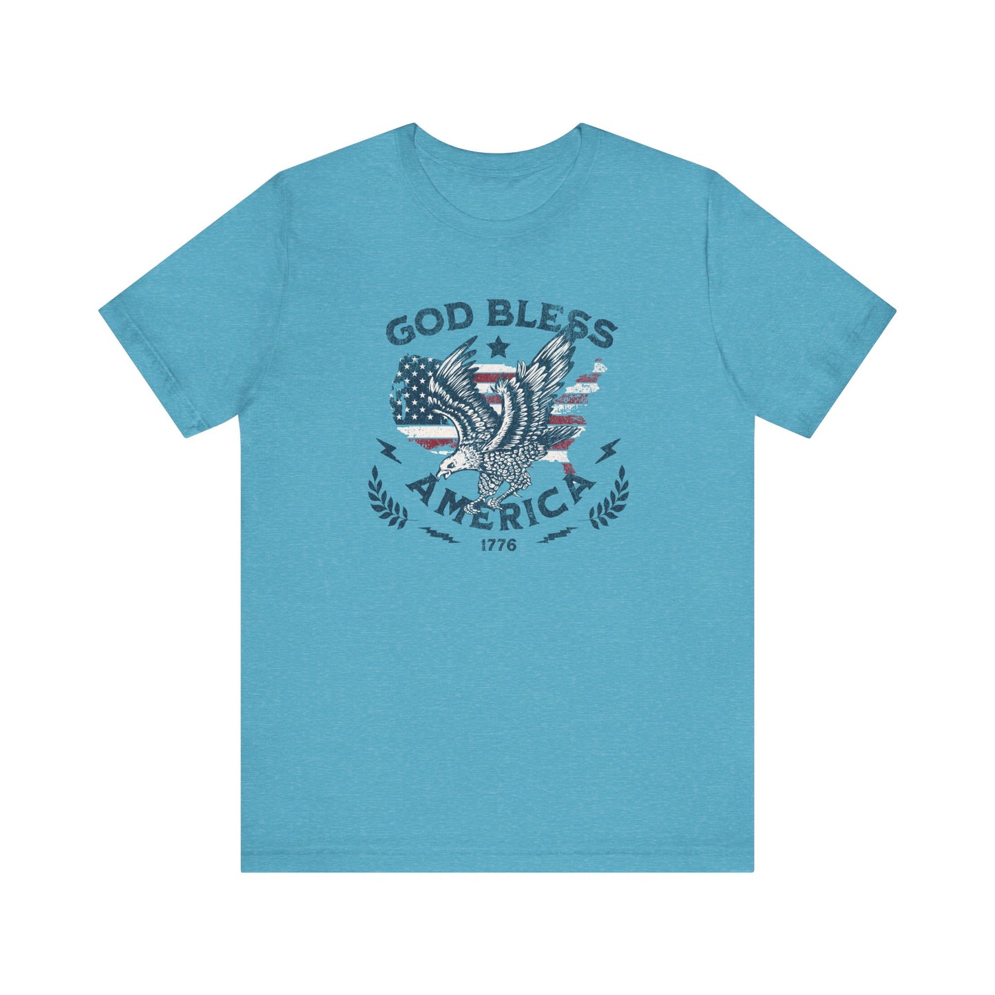 Blue t-shirt with 'God Bless America' graphic on a white background