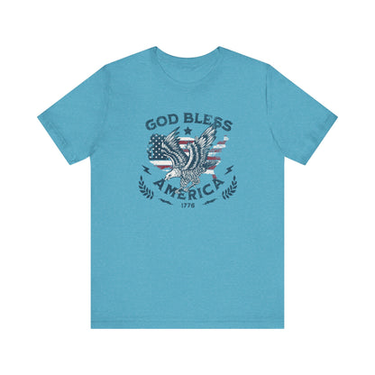 Blue t-shirt with 'God Bless America' graphic on a white background
