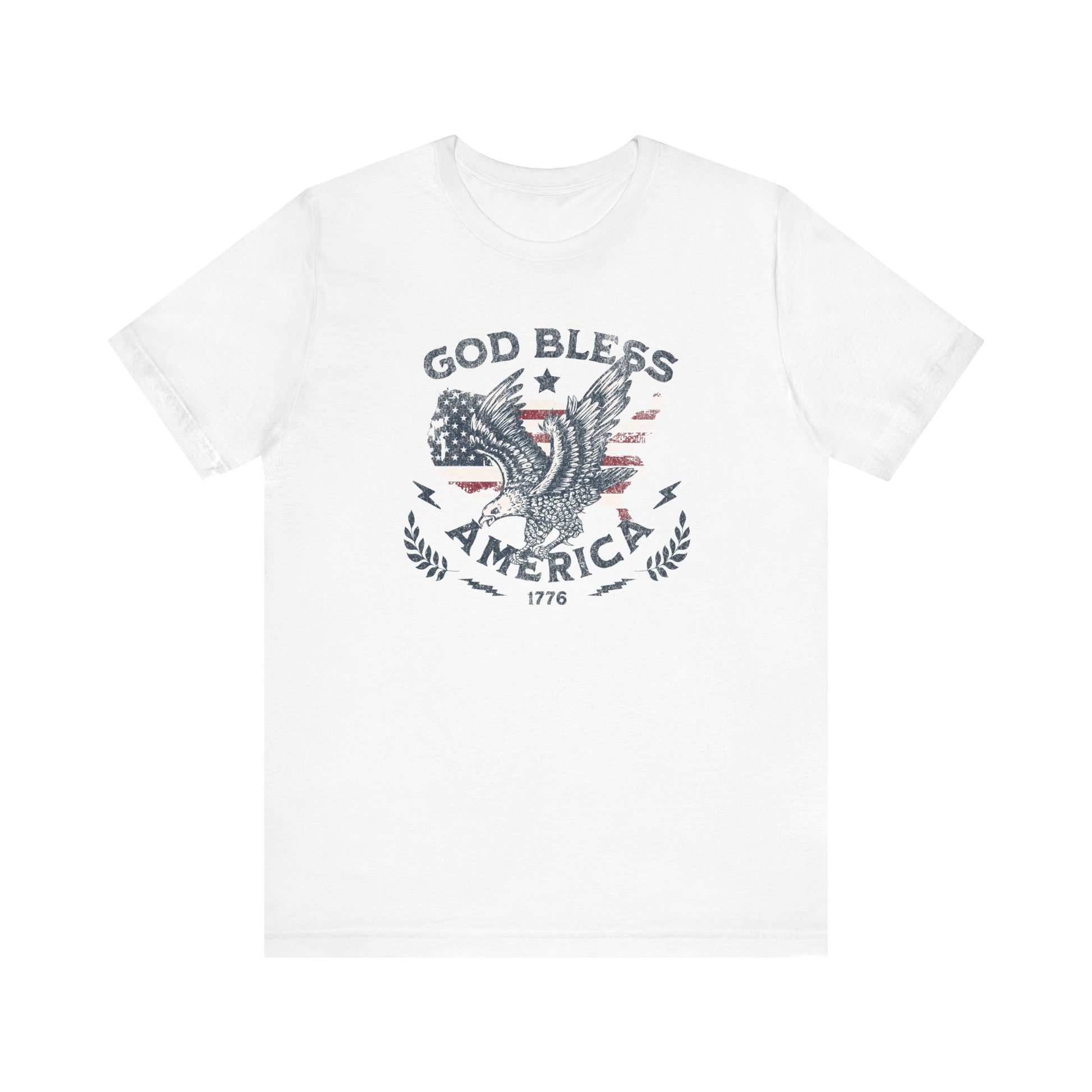White t-shirt with 'God Bless America' graphic design on a white background