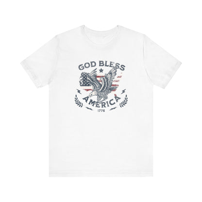White t-shirt with 'God Bless America' graphic design on a white background