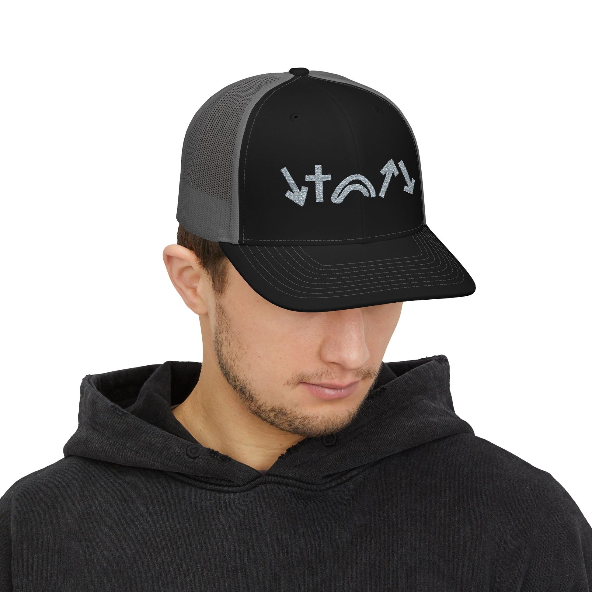 Man wearing a black and gray cap with 5 symbols on a white background