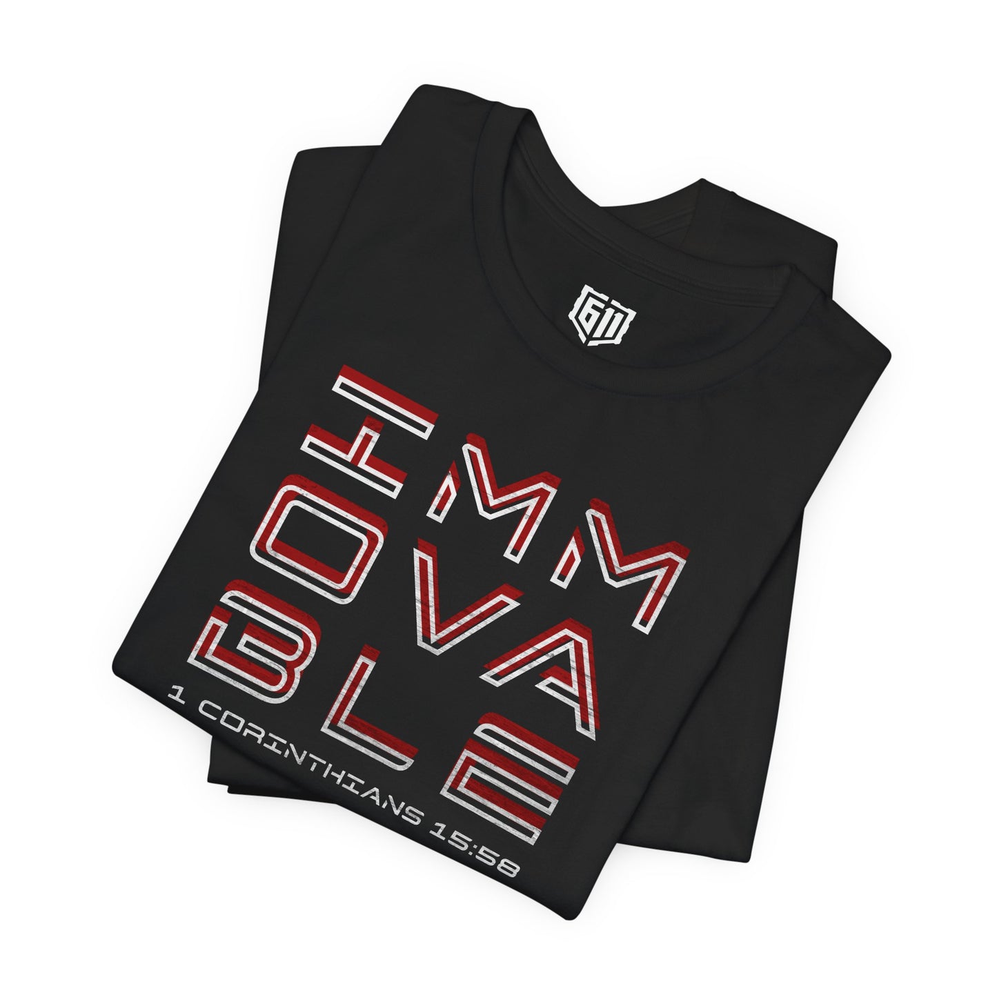 Folded Immovable Black t-shirt with red and white text on a white background