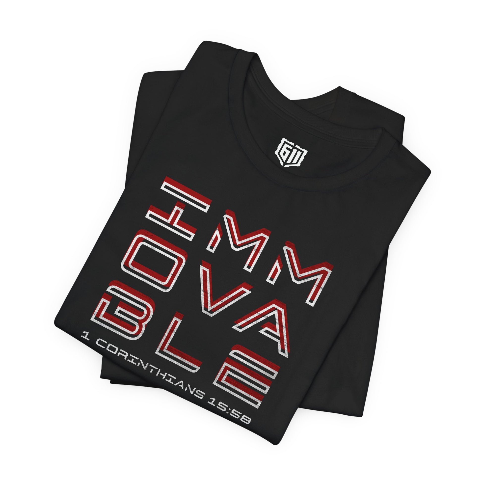 Folded Immovable Black t-shirt with red and white text on a white background