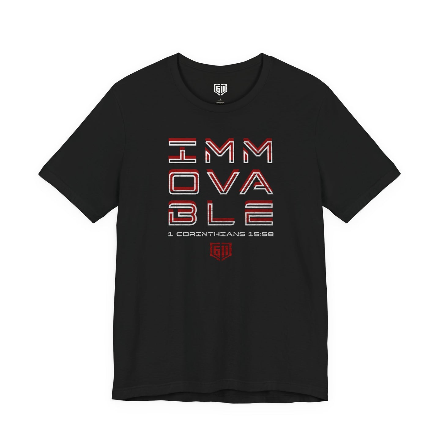 Black t-shirt with red and white text on a white background