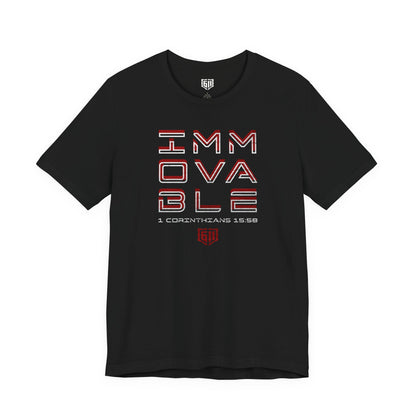 Black t-shirt with red and white text on a white background
