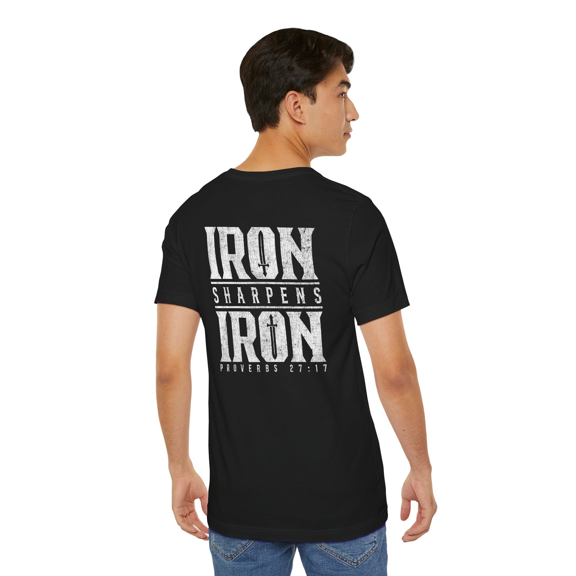 Person wearing a black t-shirt with 'IRON SHARPENS IRON PROVERBS 26:1' text on the back.
