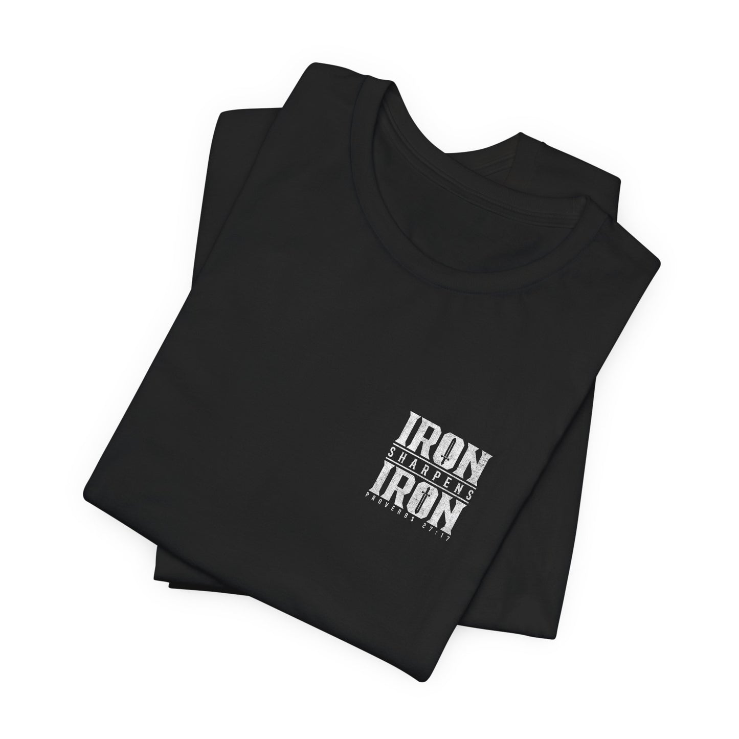 Folded black t-shirt with 'IRON' text on a white background